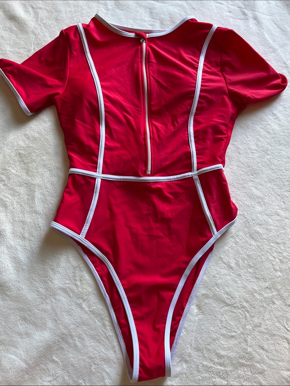 Cherry Red Short Sleeve One-Piece Swimsuit with White Trim
